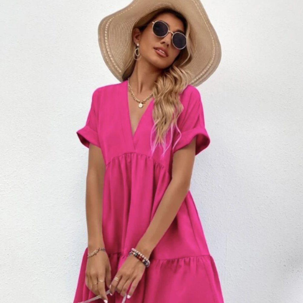 Shein Roll Cuff Ruffle Hem Solid Dress - Picture 1 of 4